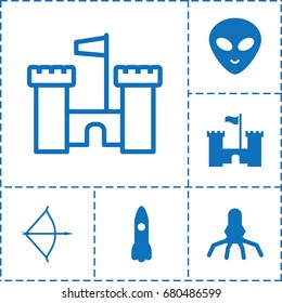 Fantasy icon. set of 6 fantasy filled and outline icons such as alien head, castle, rocket