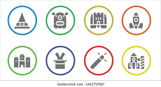 fantasy icon set. 8 filled fantasy icons.  Collection Of - Witch, Castle, Monster, Magician, Medieval, Magic, Rocket launch, Rocket