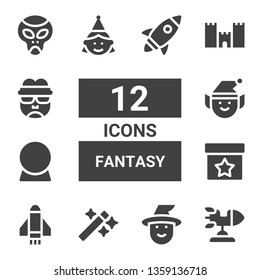 fantasy icon set. Collection of 12 filled fantasy icons included Rocket, Witch, Wand, Magic, Crystal ball, Elf, Birthday girl, Medieval walls, Frankenstein, Alien