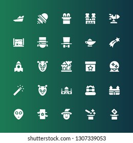 fantasy icon set. Collection of 25 filled fantasy icons included Magic, Witch, Alien, Castle, Magic wand, Magic ball, Rocket, Shooting star, lamp, Costume, Magician, Treasure map
