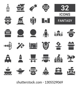 fantasy icon set. Collection of 32 filled fantasy icons included Sand castle, Castle, Birthday girl, Frankenstein, Magic lamp, Rocket, Magician, Costume, Magic, Alien, Treasure map