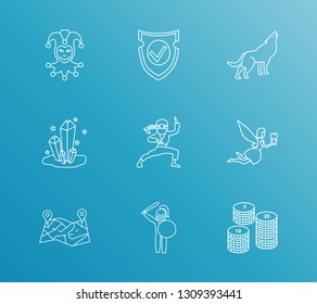 Fantasy icon set and crystals with ninja, coins and defense. Currency related fantasy icon vector for web UI logo design.