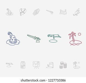 Fantasy icon set and cursed heart with strategy, labyrinth and flying carpet. Wizard related fantasy icon vector for web UI logo design.