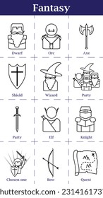 Fantasy icon set. Line art vector symbols.