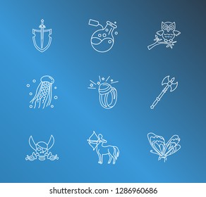 Fantasy icon set and pirate with centaur, magic ring and two-sided axe. Sagittarius related fantasy icon vector for web UI logo design.