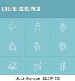 Fantasy icon set and princess with monster, island, wizard. Fast food related fantasy icon vector for web UI logo design.