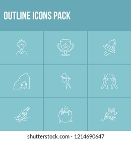 Fantasy icon set and queen with bell, archery and battle. Cauldron related fantasy icon vector for web UI logo design.