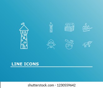 Fantasy icon set and unicorn with tower, treasure and elixir. Poison related fantasy icon vector for web UI logo design.