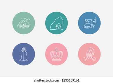 Fantasy icon set and vampire with island, crown, dungeon. Coronet related fantasy icon vector for web UI logo design.