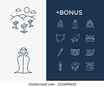 Fantasy icon set and vampire with old script, spell and princess. Kitten related fantasy icon vector for web UI logo design.