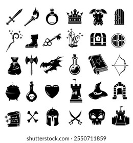 Fantasy Icon Vector Set Black Silhouette 