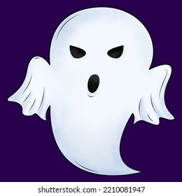 Fantasy icon with a white halloween ghost. Celebration concept. Vector illustration design. Celebration banner. Happy halloween purple background.