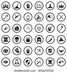 Fantasy Icons. Black Flat Design In Circle. Vector Illustration.