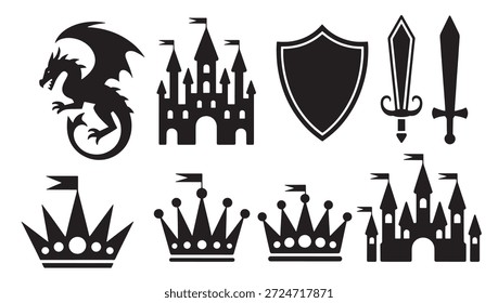 ícones de fantasia dragão espadas escudo castelos e coroas
