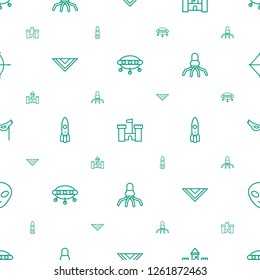 fantasy icons pattern seamless white background. Included editable outline UFO, castle, cravat, rocket, mask, alien head, bow icons. fantasy icons for web and mobile.