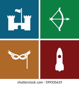 fantasy icons set. Set of 4 fantasy filled icons such as mask, bow, castle