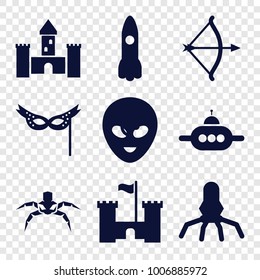 Fantasy icons. set of 9 editable filled fantasy icons such as rocket, mask, castle, bow, alien head