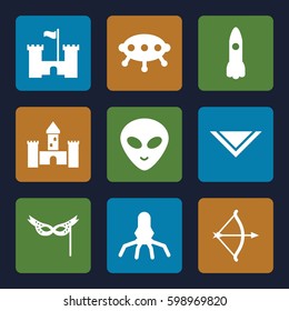 fantasy icons set. Set of 9 fantasy filled icons such as cravat, alien head, mask, bow, castle, rocket