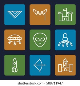fantasy icons set. Set of 9 fantasy outline icons such as cravat, mask, bow, castle, alien head, rocket