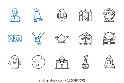 fantasy icons set. Collection of fantasy with rocket, love potion, castle, neptune, ghost, magic, spellbook, magic lamp, achilles, magic trick. Editable and scalable fantasy icons.