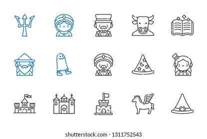 fantasy icons set. Collection of fantasy with witch hat, pegasus, castle, magician, wizard, ghost, spellbook, minotaur, seer, poseidon. Editable and scalable fantasy icons.