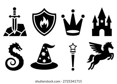 Iconos de fantasía espada escudo corona castillo dragón sombrero varita pegaso