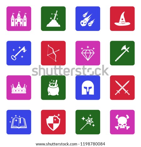 Fantasy Icons. White Flat Design In Square. Vector Illustration. 