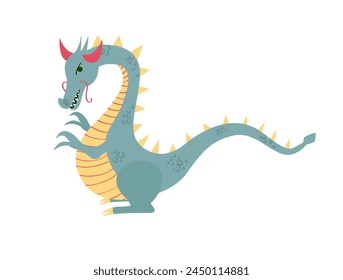 Fantasy illustartion green and yellow dragon. Cute cartoon colorful magic dragon in vector flat style.