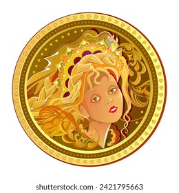 Fantasy illustration of ancient gold coin with woman's portrait. Medallion with fairies head in fairy tale environment. Drawing of beautiful girls silhouette with luxurious hairstyle. Vector image.