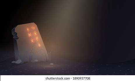 Fantasy illustration with ancient stone in a ray of light with magic hieroglyphs