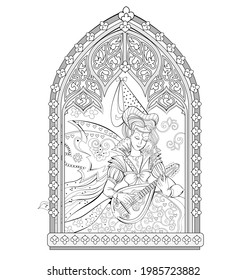 Fantasy illustration of beautiful medieval princess sitting near Gothic window and playing music on mandolin. Black and white page for kids coloring book. Print for logo or tattoo.