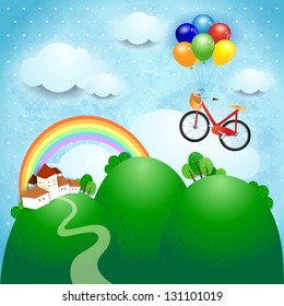 Fantasy illustration with bicycle, vector