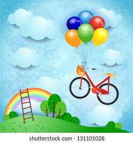 Fantasy illustration with bicycle, vector