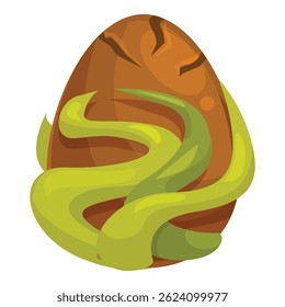 Fantasy illustration of a big brown dragon egg being enchanted by green magic, isolated on white background