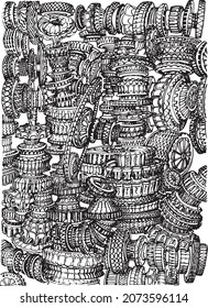 Fantasy illustration of a big, cogwheels driven machine structure