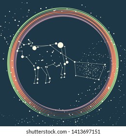 A fantasy illustration of a big star constellation in a form of a cow that carries a cart with stars and creates the Milky Way in the the solid navy blue sky framed in red, green, and violet circles.