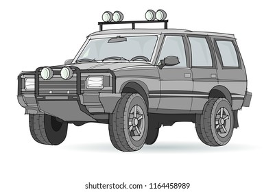 Fantasy illustration of car for rally on white background. Model of sport utility vehicle. Hand-drawn vector image.