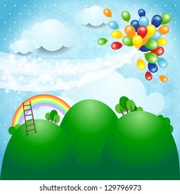 Fantasy illustration with colorful balloons. Vector