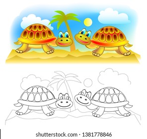Fantasy illustration of couple cute turtles in desert. Colorful and black and white page for coloring book. Printable worksheet for children and adults. Vector cartoon image.