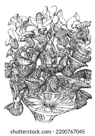 Fantasy illustration of cup like shapes intertwined to comprise ornate drawing