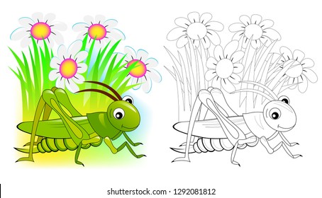 Fantasy illustration of cute cricket. Colorful and black and white page for coloring book. Printable worksheet for children and adults. Vector cartoon image.