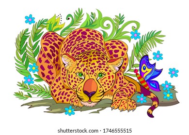 Fantasy illustration of cute leopard in jungle looking at butterfly. Cover for children fairy tale book. Modern print for kids. Printable flat cartoon vector. Wildlife animals.