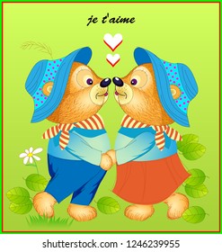 Fantasy illustration of cute little dancing bears.  Wedding greeting card with an inscription in French I love you. Hand-drawn vector cartoon image.