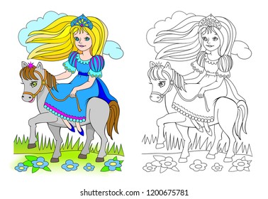 Fantasy illustration of cute little riding princess. Colorful and black and white page for coloring book. Worksheet for children and adults. Vector cartoon image.