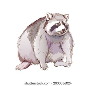 Fantasy illustration of cute sad little raccoon. Wildlife animals. Drawing on white background. Hand-drawn vector image for children fairy tale book. Printable cartoon vector.