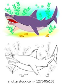 Fantasy illustration of cute shark. Colorful and black and white page for coloring book. Printable worksheet for children and adults. Vector cartoon image.