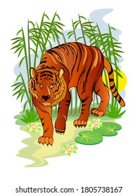 Fantasy illustration of cute tiger in fairyland jungle. Cover for children fairy tale book. Modern print for kids. Printable flat cartoon vector. Wildlife animals.