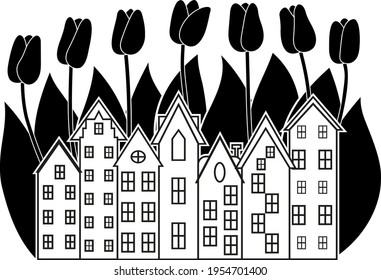 Fantasy illustration, European houses among huge tulips. Black and white graphics,design element,clipart