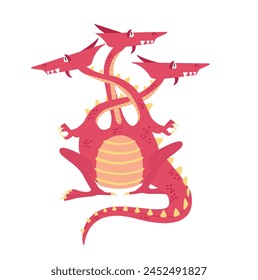 Fantasy illustration. Fairy tale story. 3 headed red and orange dragon, mythical beast. Cute cartoon colorful magic dragon in vector flat style.
