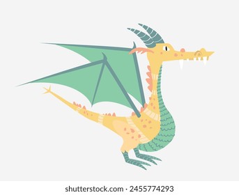 Fantasy illustration. Fairy tale story. Dragon yellow and green,  mythical beast. Cute cartoon colorful magic dragon in vector flat style.
